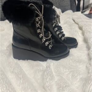 INC International Concepts Black Lace Up Boots with Fur Trim and Chunky Sole